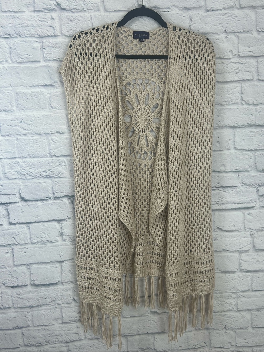 Artesia Crochet Open Knit Long Vest Cardigan Medium Beige Fringe Boho 40”
